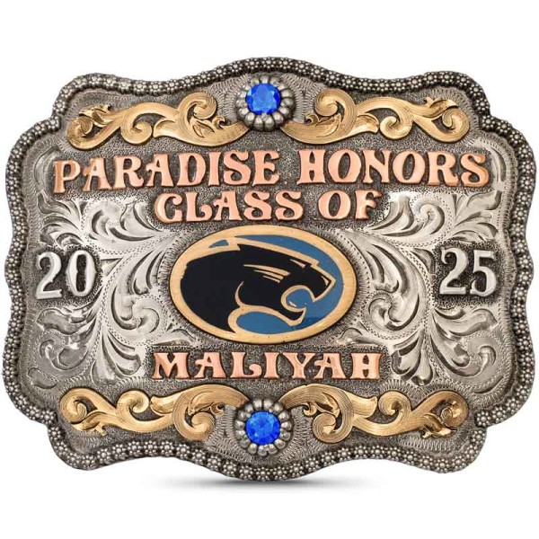 A custom graduation belt buckle for Judson High School Class of Converse, Texas featuring stock show animals figure